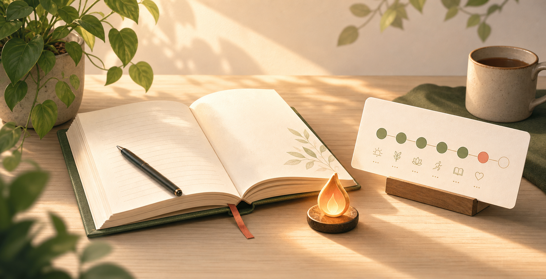 Illustration of an open journal with a small streak token on a desk.